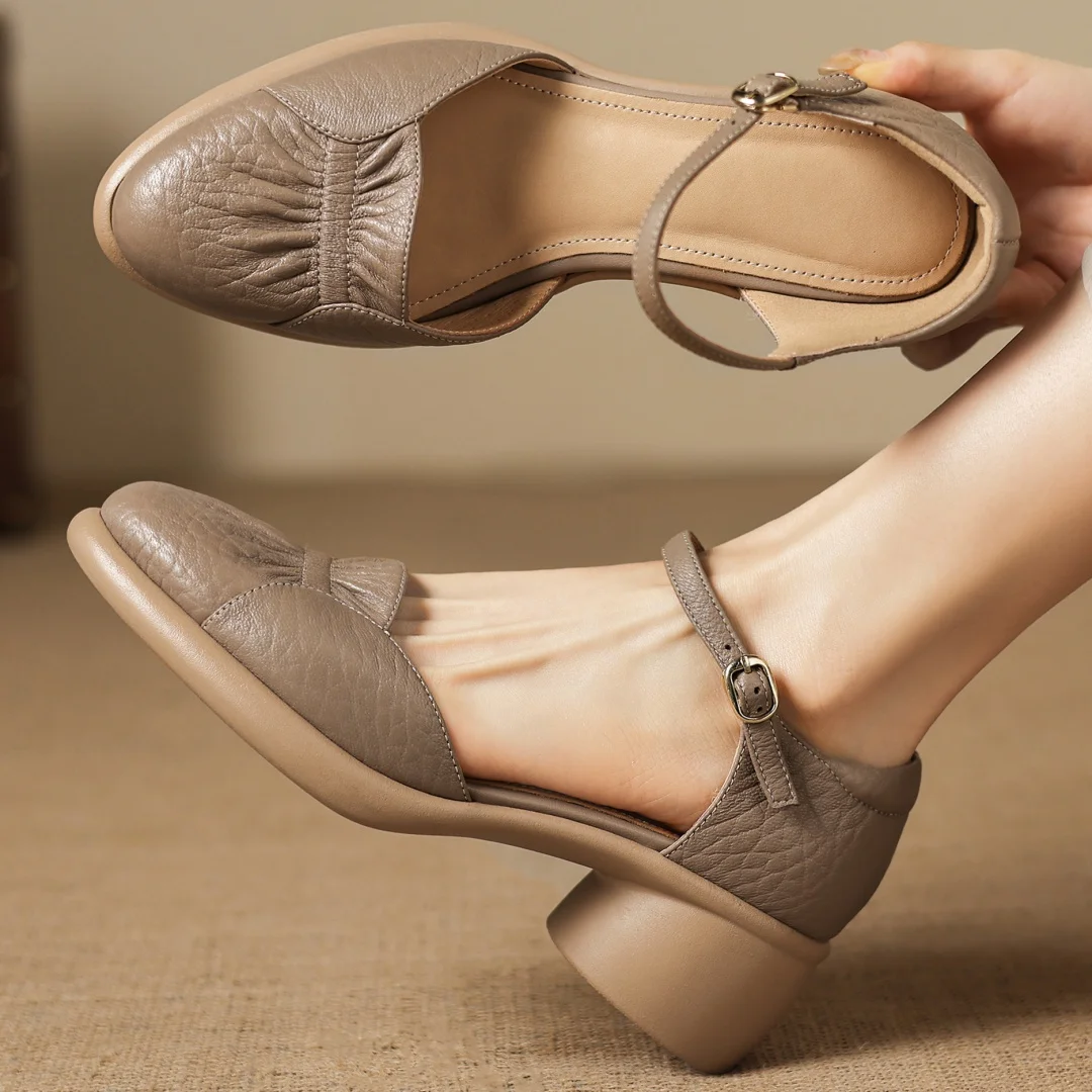 

Женские сандалии danxuefei из овчины с круглым носком и ремешком на щиколотке, на среднем каблуке 5 см, высококачественные, мягкие, удобные летние туфли на каблуке, размер 40