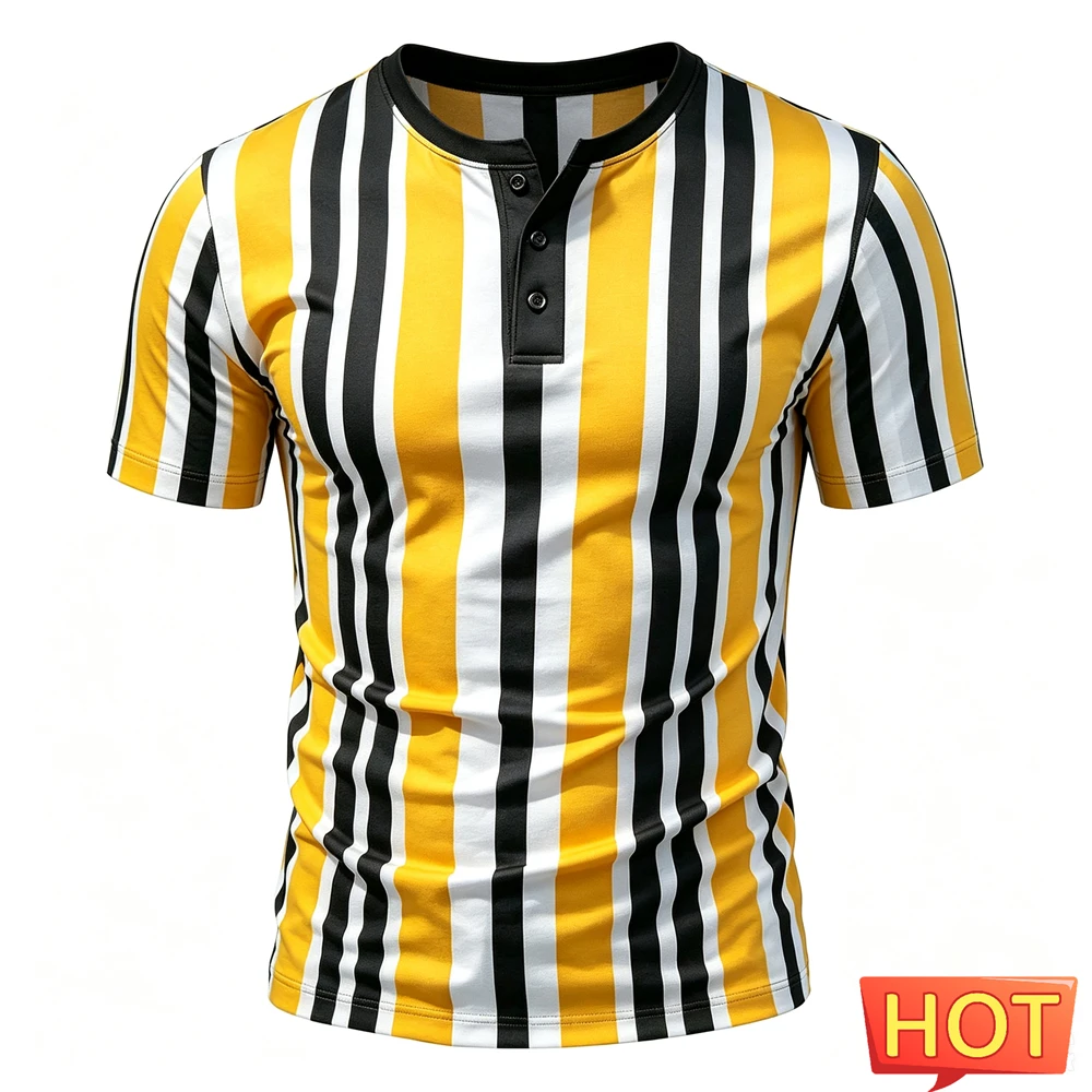 Funny Stripe Print Men's Henry Shirt Summer Casual Simple Button Tops Fashion Henry Collar Short Sleeve Tee Hip Hop Men Clothing view 6