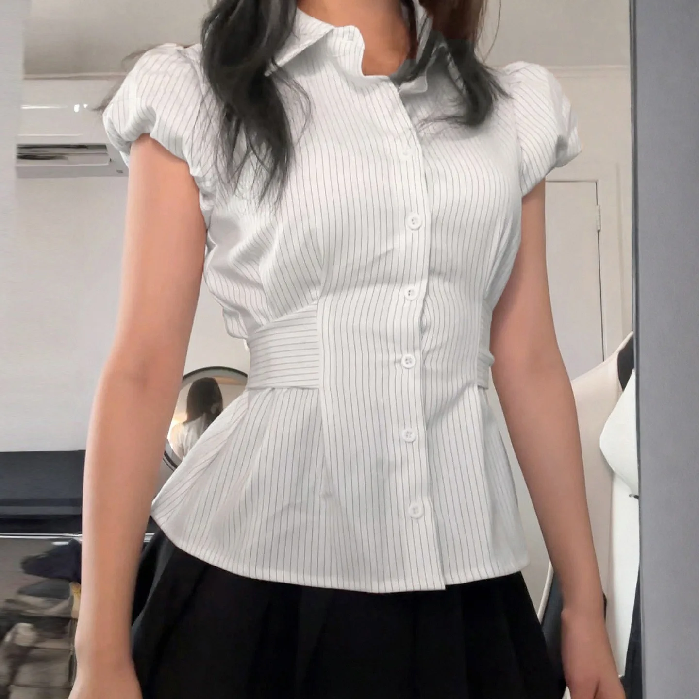 Summer Stripe ButtonUp Shirt Slimming Waist Design Belted FlipCollar Short Sleeve European And American Crossbody Chic Girl's Sh