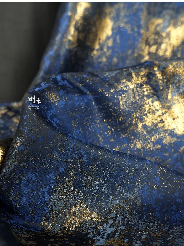 Blue Gilt Double-sided Jacquard Polyester Fabric Designer DIY Fashion Handmade Design Hanfu Dress Wholesale Fabrics By The Meter