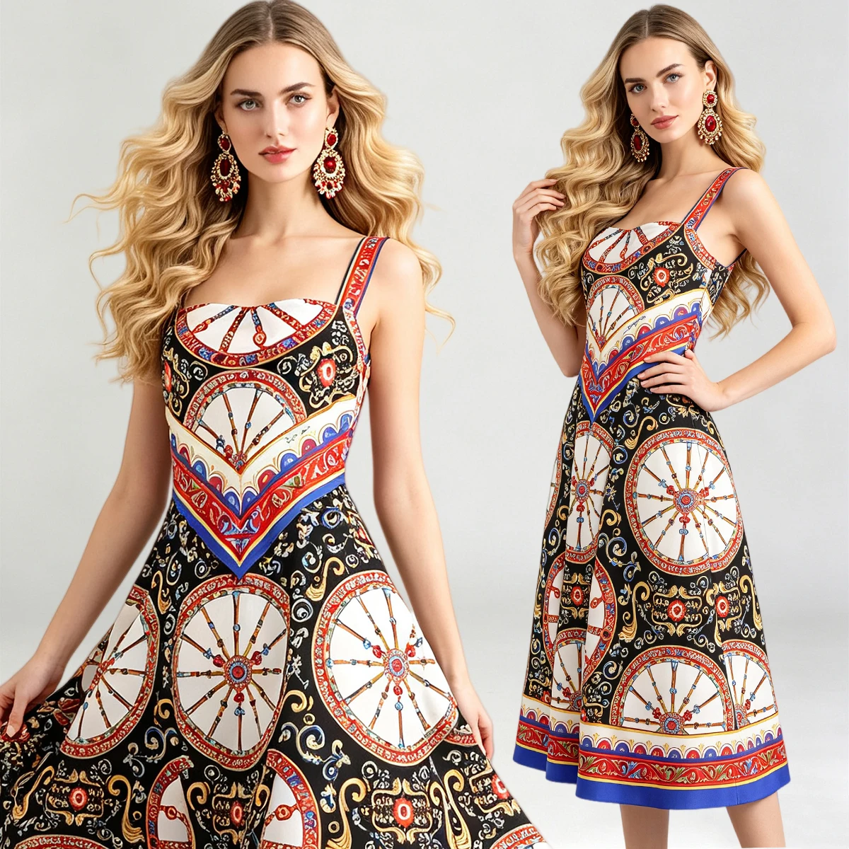 Picture 3: Vintage Baroque Print Midi Dress Women Square Collar Sleeveless A-Line Summer Dress Bohemian Party Beach Sundress Elegant