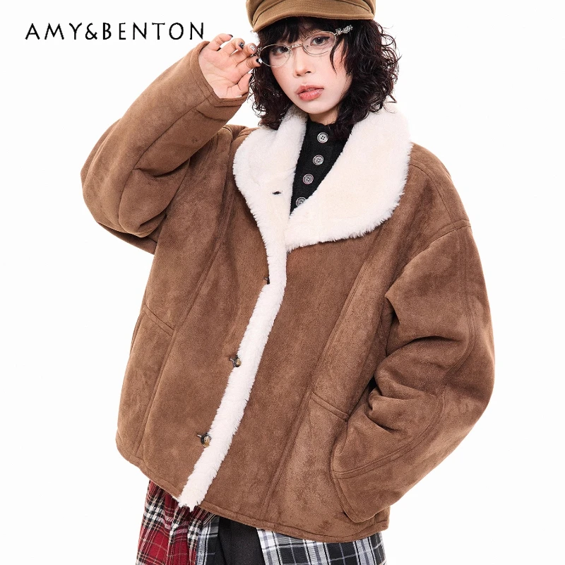 

Korean Style Design Suede Sheep Wool Women's Coats 2025 Autumn Winter New Sweet Cool Loose Versatile Lapel Warm Jackets Ladies