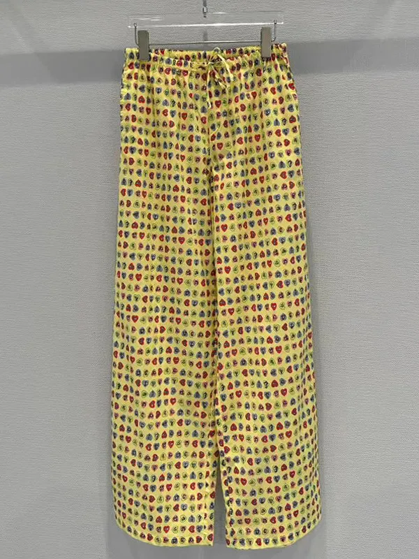 Casual Heart Print Wide Leg Pants Women's Elastic Waist Cord Design Loose Versatile Casual Pants Candy Style Straight Cut