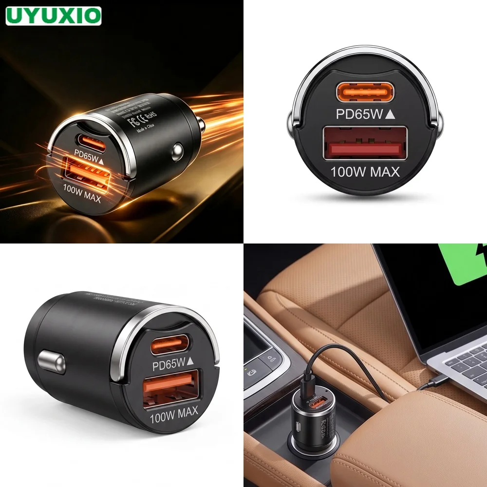 165W High Power Car Charger Heat Resistant Zinc Alloy Body PD 65W USB C and 100W USB A Charging for Multiple Mobile Devices
