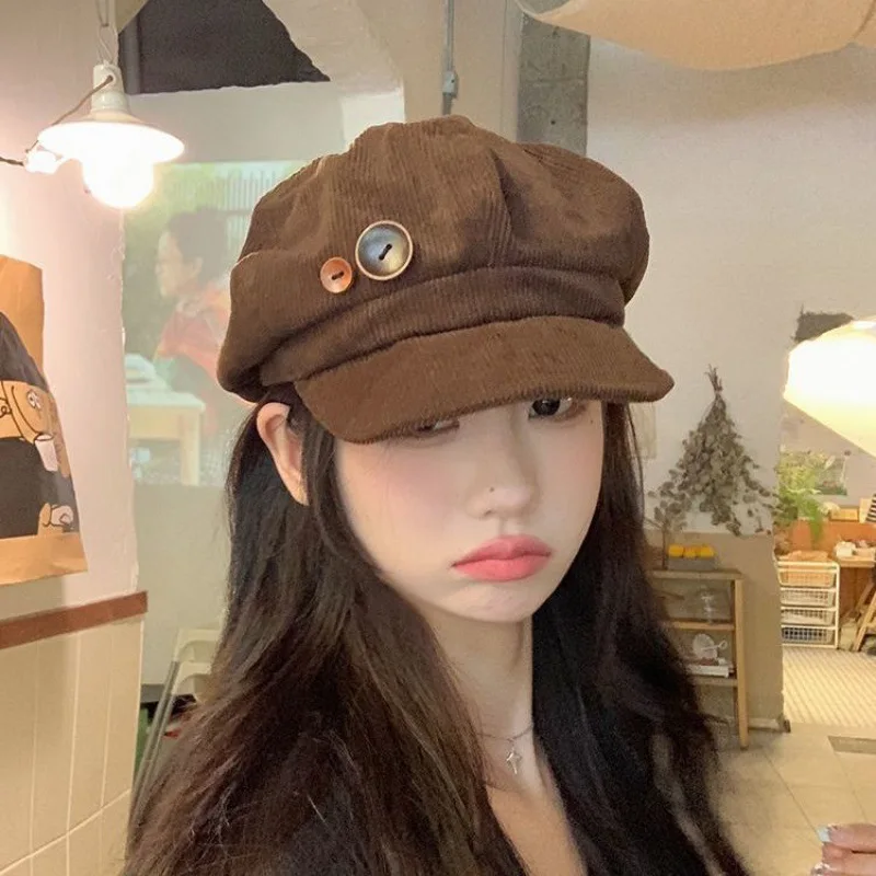 

Japanese-style Beret With Button Detail Slim-face Women's Round-faced Newsboy Cap Retro Coffee-brown Shopping Decorative Hat