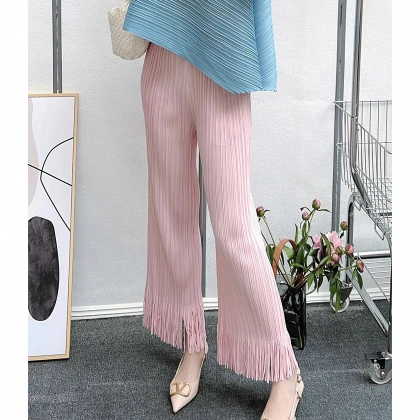 

Miyake Pleated Loose Straight Leg Pants, Fashionable Tassel Lace Flared Pants, Summer Comfortable and Casual Cropped Pants