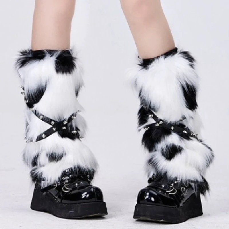 Punk Alt Black-White Shaggy Faux Fur Leg Warmers with Rivet Cross Straps, Slouchy, Footless, Stacked Calf Sock Covers Boot Cuffs