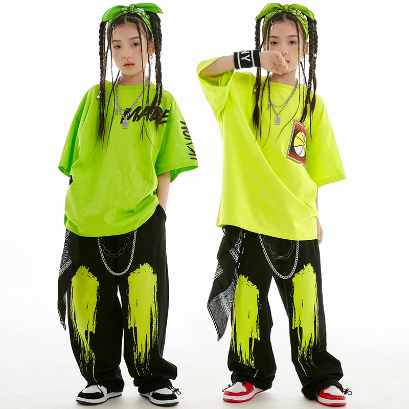 Streetwear Modern Dance Hip Hop Clothing 2023 New Jazz Dance Costumes For Girls Fluorescent Green Shirts Loose Pants