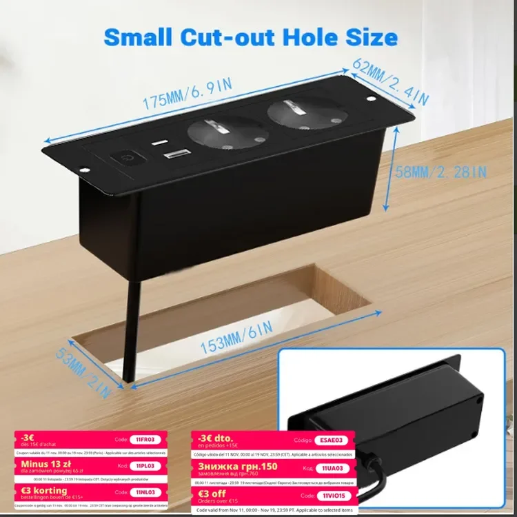 

Hidden Electric Pop Up Socket EU US UK KR Multi Desktop Office USB TypeC PD Charging Embedded Table Electric Socket with Switch