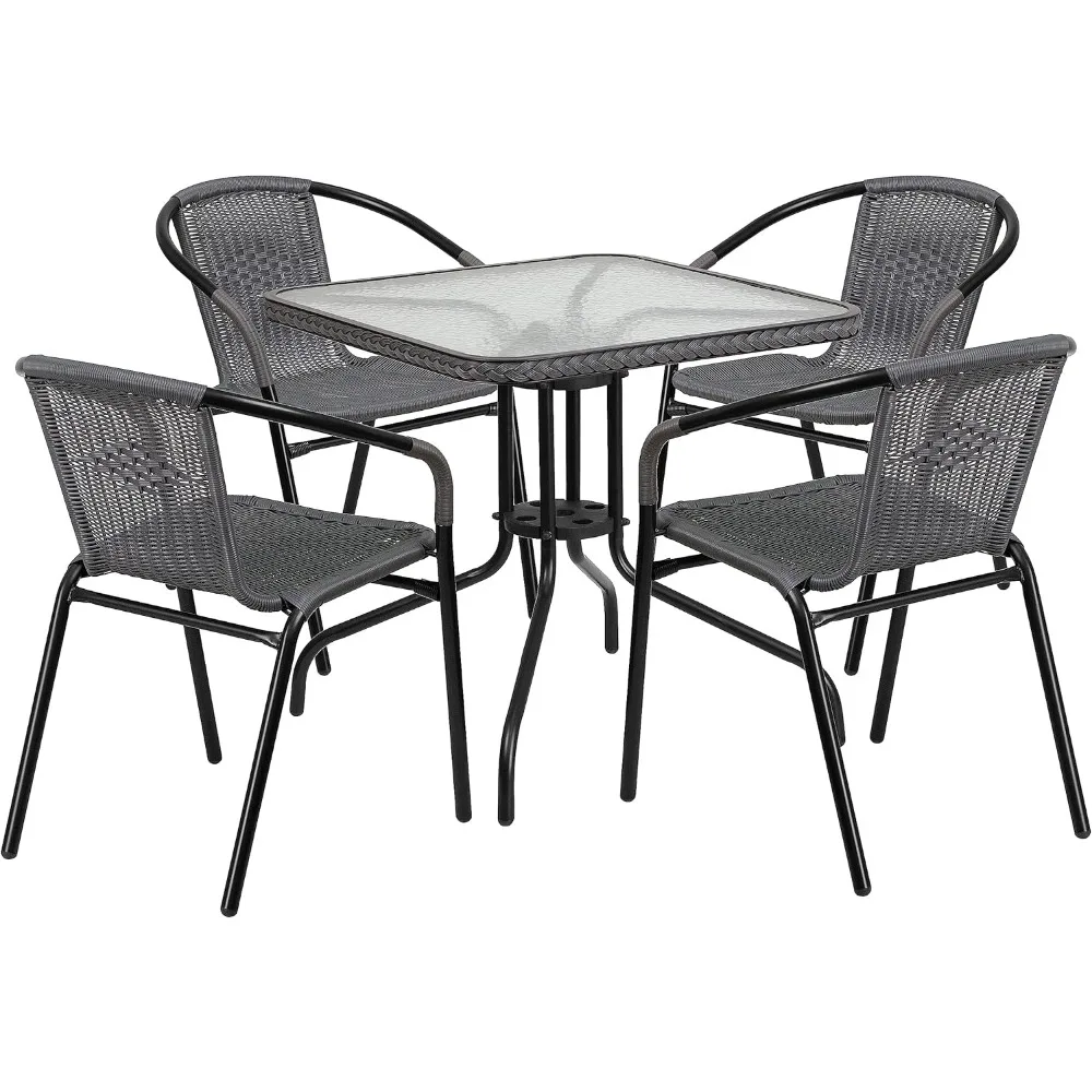 

5-Piece 28" Square Indoor/Outdoor Patio Table and Chairs Set, Glass Metal Bistro Table and 4 Stacking Rattan Chairs, Gray