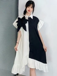 Vefadisa 2024 Summer New Black White Dress Contrast Color Flare Sleeve Dress Mid Length Ruffle Edge Long Shirt Dress HLX397