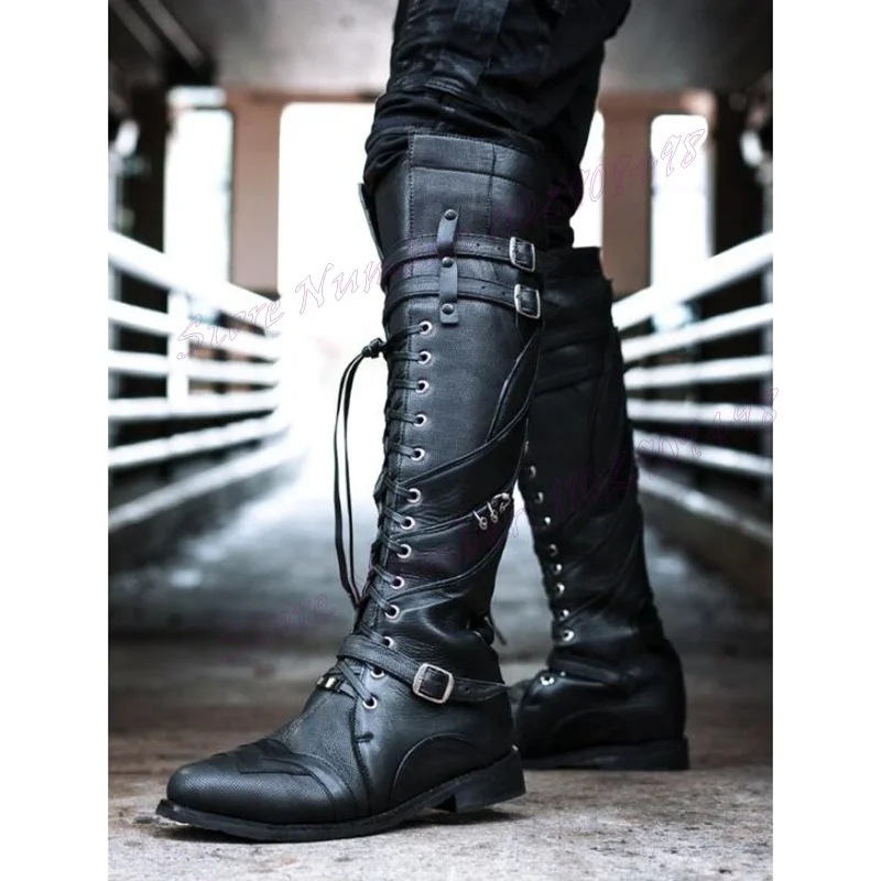 Cross Tied Strappy Buckle Men's Knignt Boots Black Round Toe Knee High Vintage Shoes for Men Handmade Shoes Zapatos Para Hombres