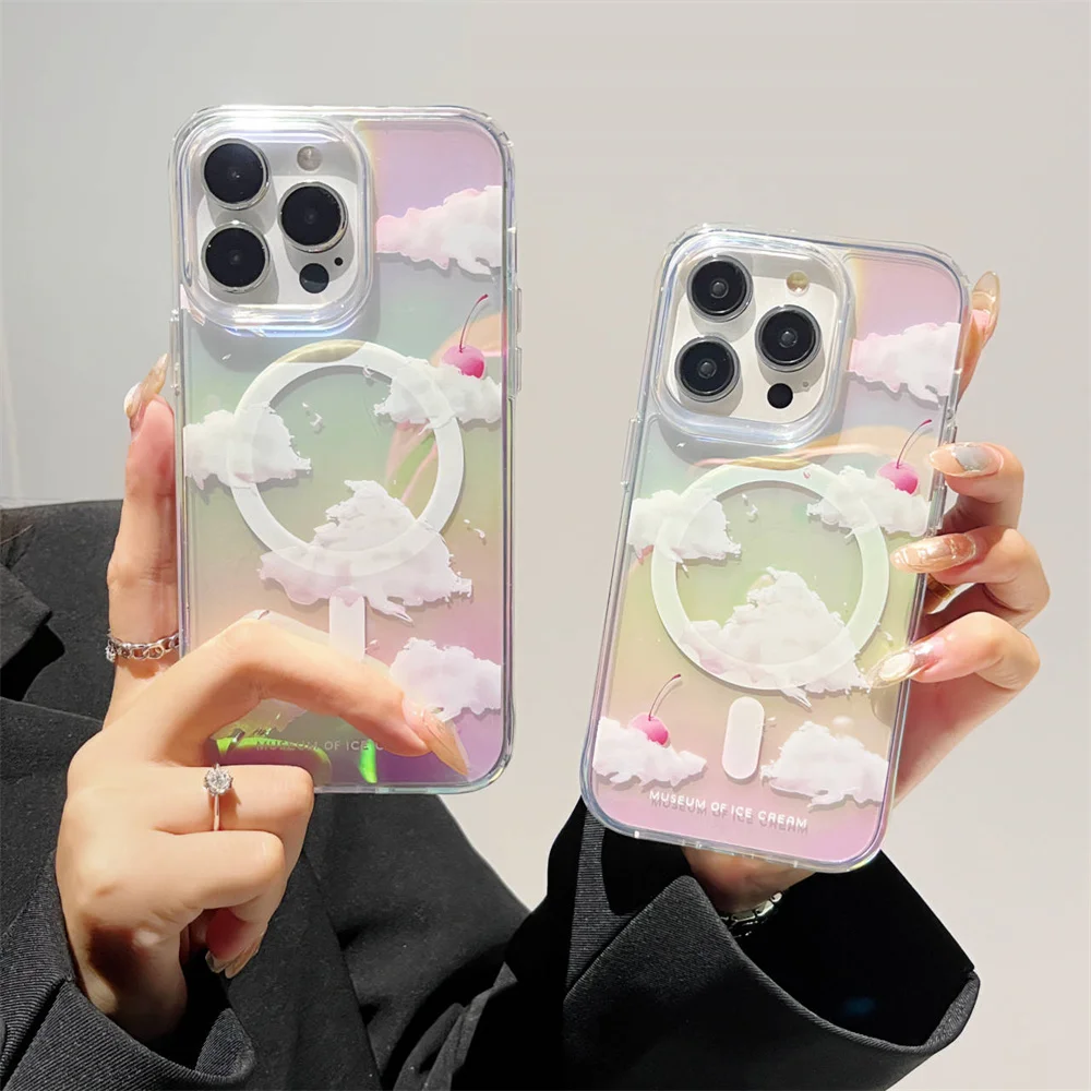 

Fashionable Magnetic Aurora Cherry Clouds Phone Case For iPhone 15 14 13 12 Pro Max 11 Mag Safe Wireless Charging Clear Cover