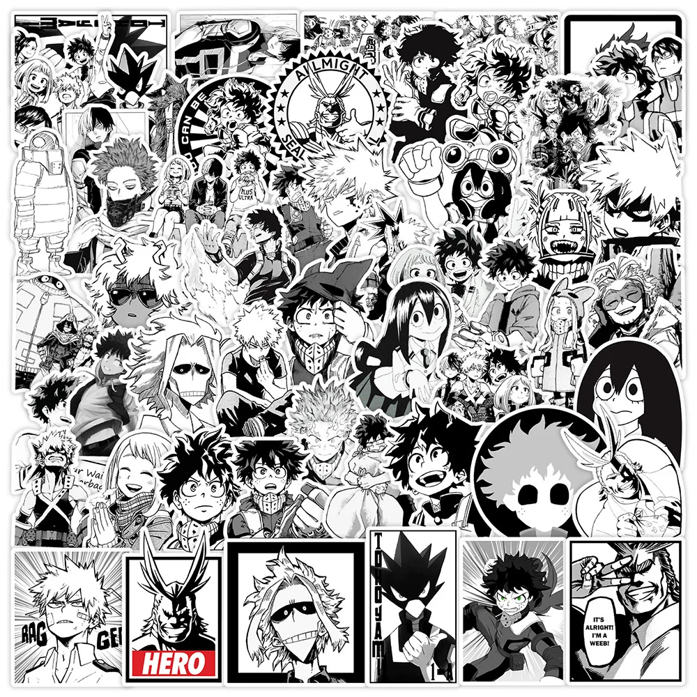 10/30/50 Uds. Pegatinas de My Hero Academia de Anime blanco y negro, pegatinas impermeables DIY para Notebook, maleta para teléfono, calcomanía clásica de Graffiti de Manga genial