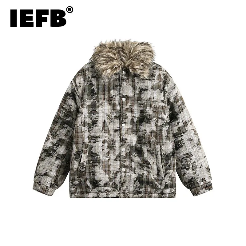 IEFB Niche Design Men's Cotton Jackets Padded Lapel Hole Detachable Fur Collar Single Breasted Worn-out Male Coats Chic CPG2185