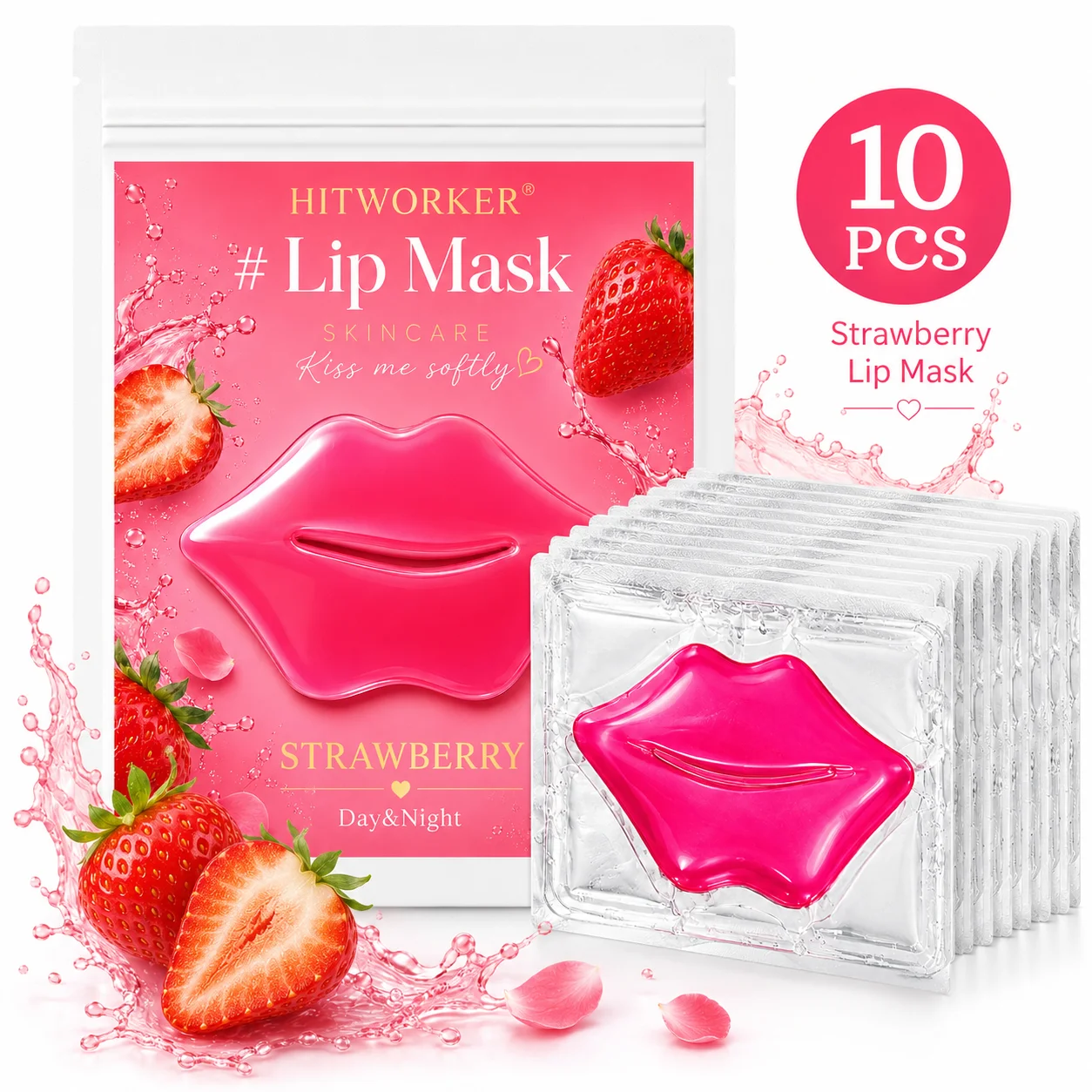 10Pcs Strawberry Lip Skincare Masks, Soft-Touch Lip Care Patches for Daily Beauty Routine, Self-Care and Travel