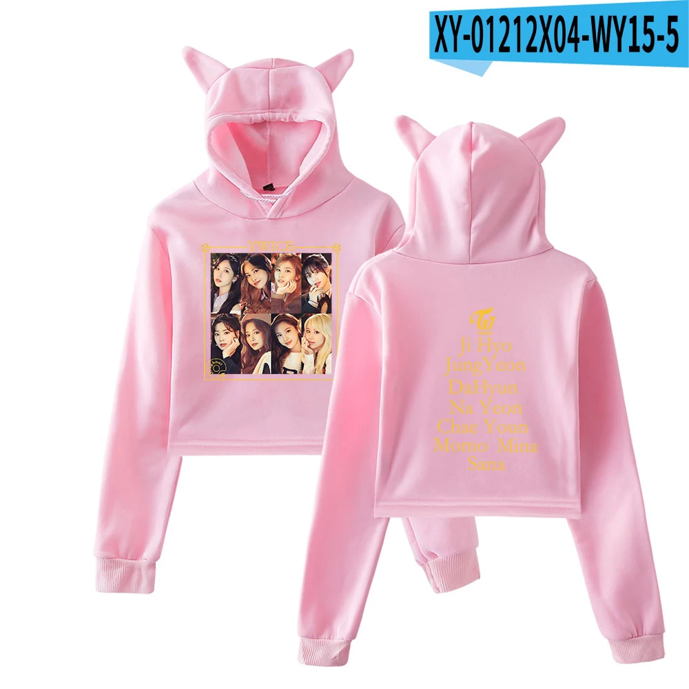 TWICE Formula of Love: O+T= Crop Tops Cat Ear Hoodies Kpop Cool Short SweatshirtPersonality Pullover Women Short Hoodies