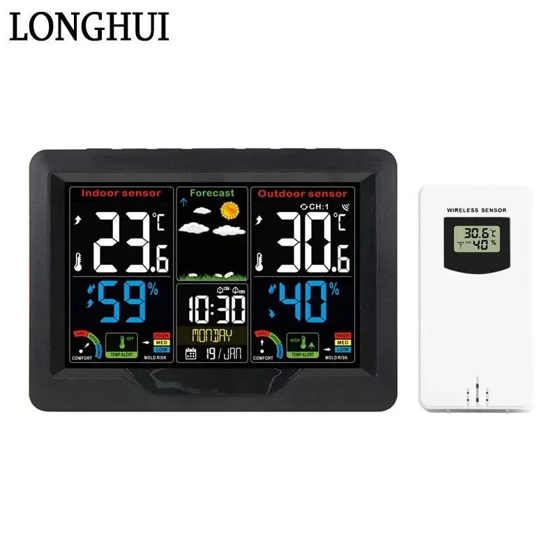 3383C Color Screen Weather Station Weather Forecast Digital Alarm Clock Wireless Sensor Calendar Mold Risk Level Comfort Level