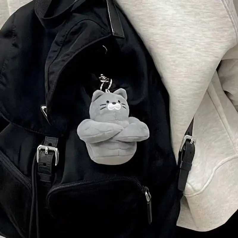 Weicher, flauschiger, grauer Muskelkatzen-Plüsch-Schlüsselanhänger, Cartoon-Plüsch-Schlüsselring, Taschenanhänger, Rucksack-Ornament, Geschenk für Katzenliebhaber – Detail 3