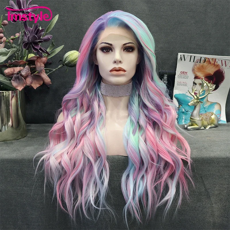 Imstyle Colorful Synthetic Lace Front Wig Rainbow Wig Long Natural Wavy Wigs For Women Cosplay Wigs Multicolor Heat Resistant