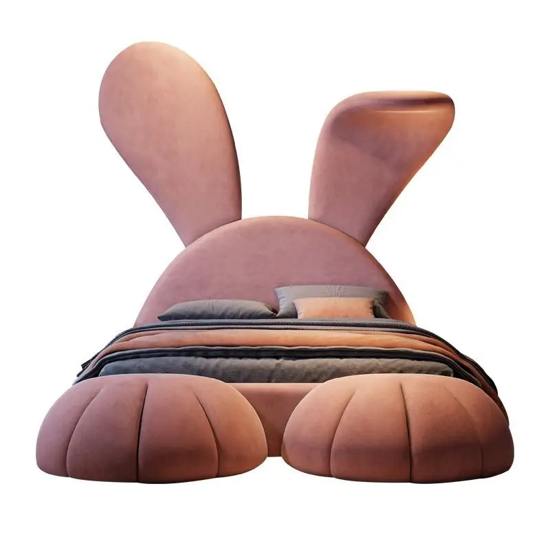 

Light luxury pink bed cartoon rabbit modern simple multifunctional bed fabric Internet celebrity solid wood bed