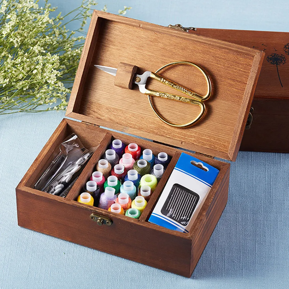 1Pcs Wooden Sewing Box Retro Art Design with Engraving Metal Lock Fine Workmanship Classified Storage for Needle Thread Scissors