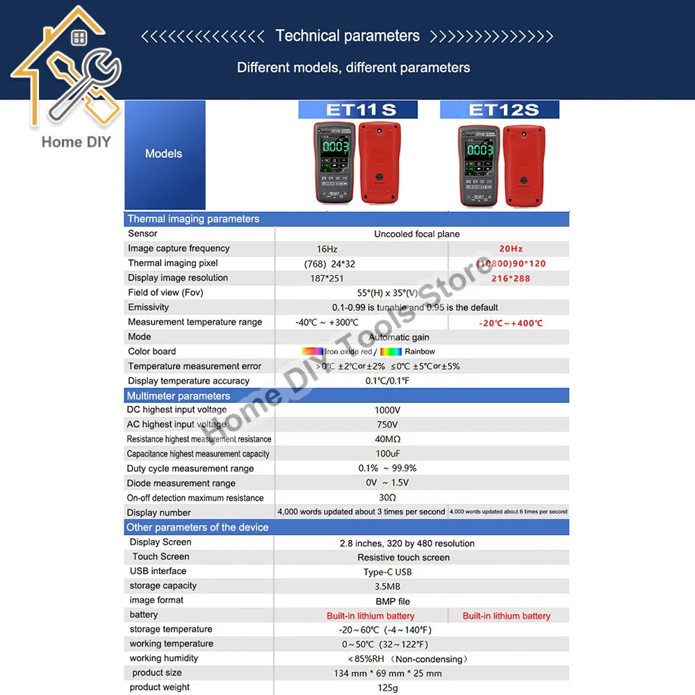 Cyfrowy termometr ET11S ET12S 2 w1 Multimetr do obrazowania termicznego Pixel Multimetro z pomiarem prądu napięciowego TOOLTOP