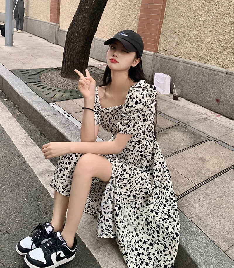 

plus Size Floral Print Bubble Sve Dr Women's Summer New Sle Slimming Square Collar Waist Cinching Long Skirt