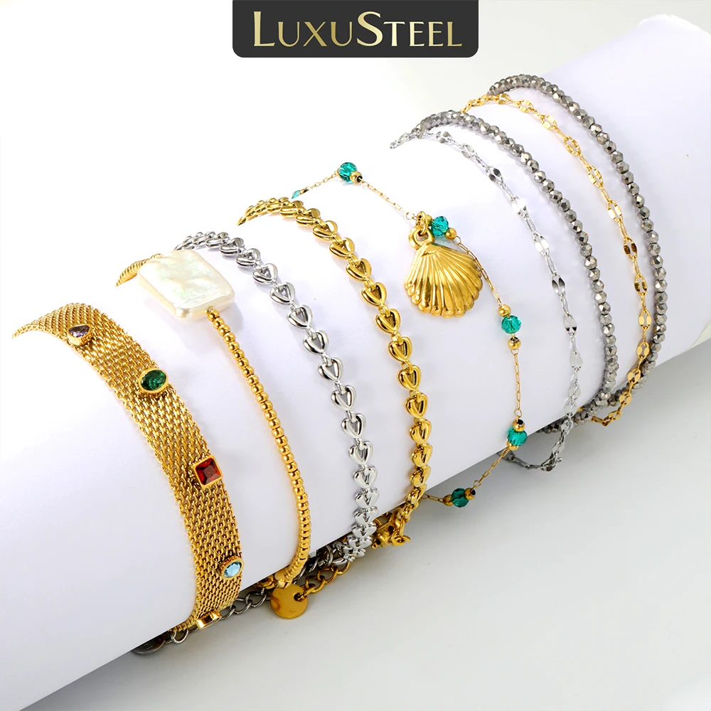 

LUXUSTEEL Shell Cubic Zirconia Stainless Steel Female Girl Bracelet Silvery Imitaiton Pearl Women's Chain Bracelet Charm Jewelry