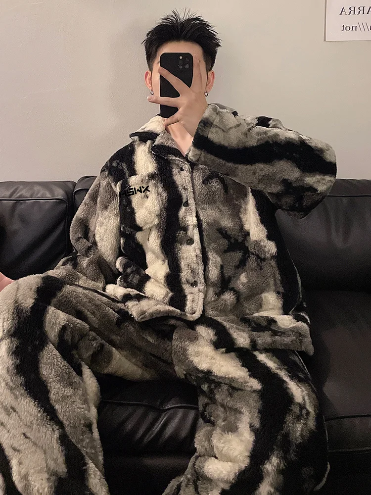 DAIMELU pajamas men's autumn and winter coral fleece flannel premium striped teen thickened warm loungewear set sleepwear male