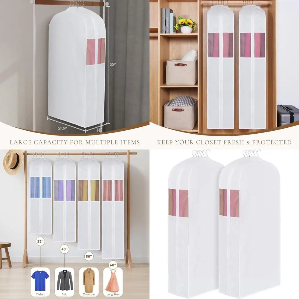 

60 Premium Cotton Dress Bags with Full Zipper and Clear Window - 2 Pack for Hanging Clothes Storage