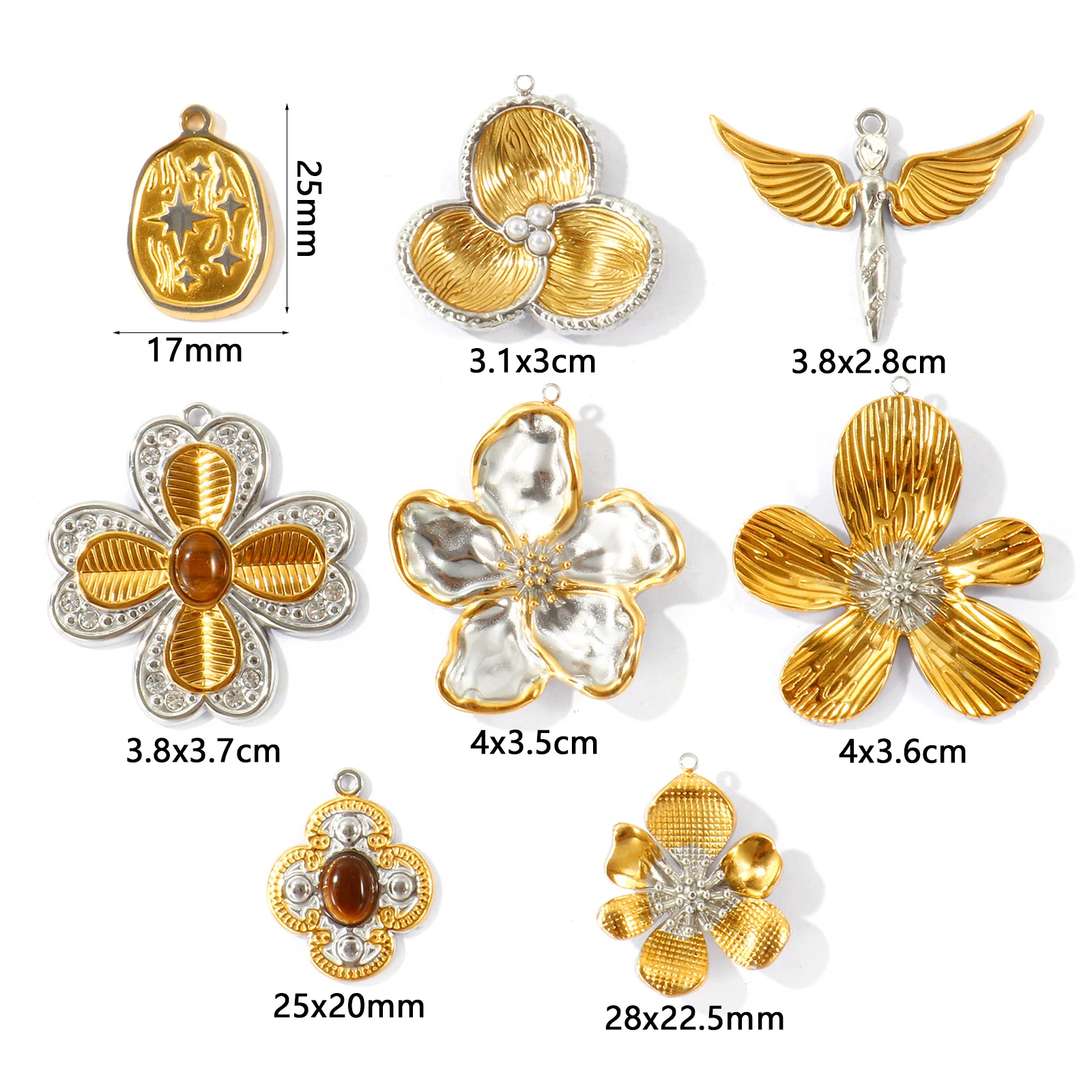 1Pc Vintage Flower Charms Stainless Steel Gold Plated Silver Color Two Tone Embossed Wing Pendant DIY Jewelry Making Findings
