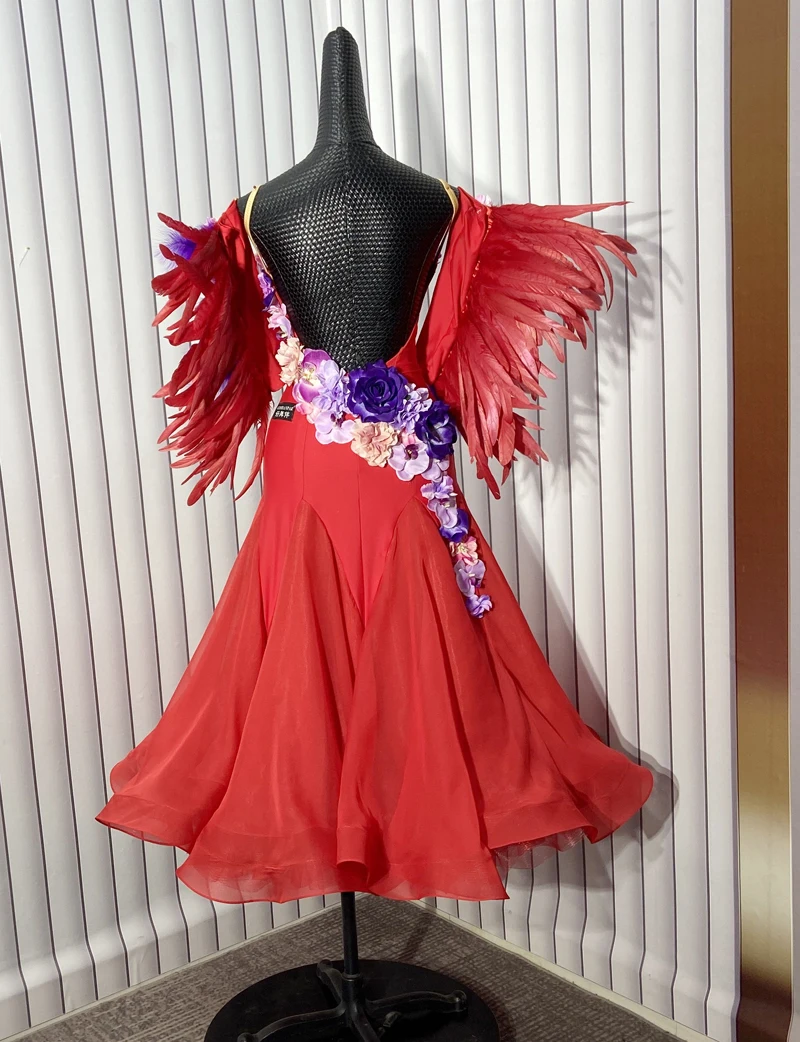 볼룸 댄스 드레스 연습 성인 표준 댄스 의상 왈츠 댄스웨어 연습 룸바 레드 꽃 깃털 팔 조각