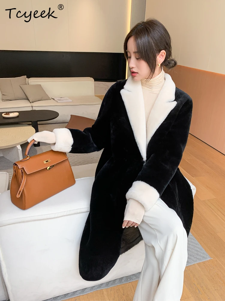 Tcyeek Genuine Leather Autumn Winter Fur One-piece Suit Collar Loose Black Medium Length Women's Wool Fur Coat Fourrures Femme