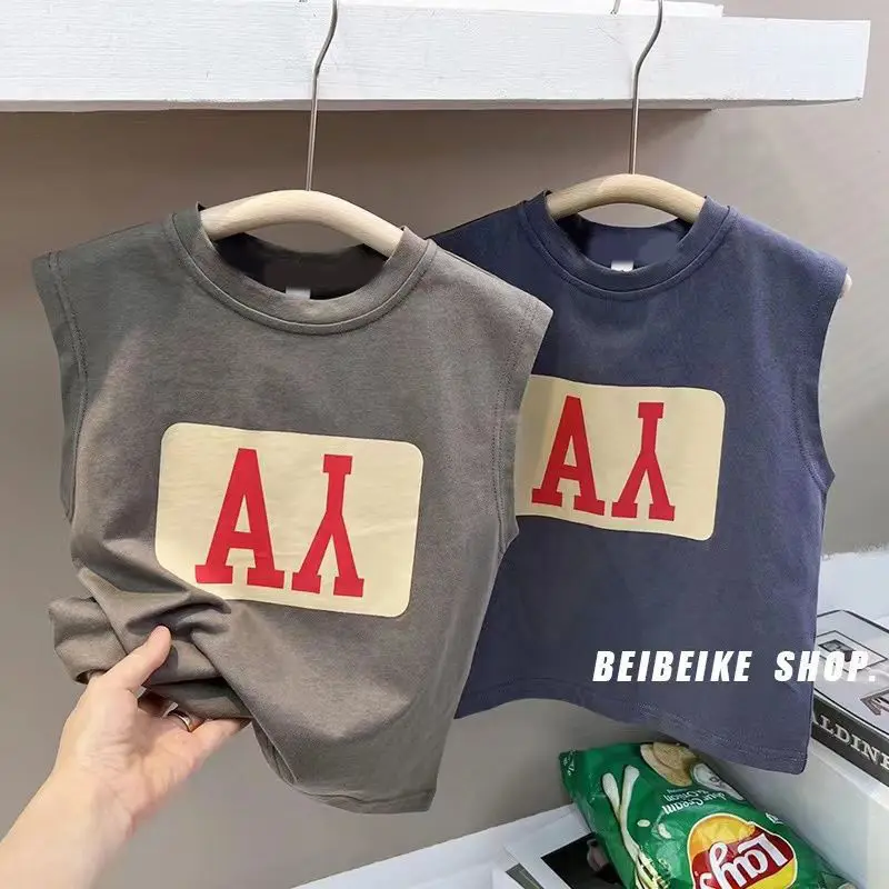 

Pure Cotton 2024 Summer New Children's Baby Sleeveless T-shirt Korean Style Boys Printed Vest Top Trend