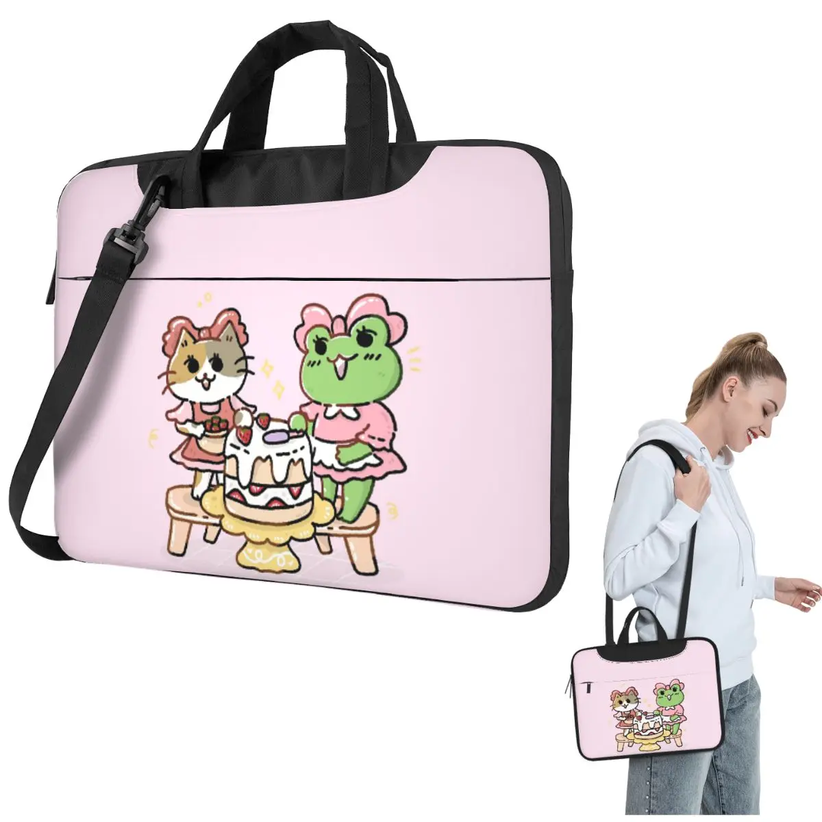 

Милый кот и лягушка, клубничный торт, вечерние сумки через плечо для ноутбука, сумка для компьютера, устойчивая защитная сумка для ноутбука для Lenovo