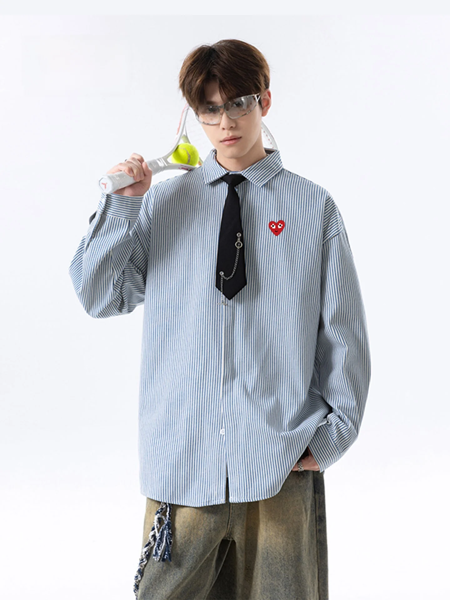 

Play Hei Men's And Women's Casual Striped irt Autumn Season High-End Feeling Loose Fit Long Sve Button down Coat