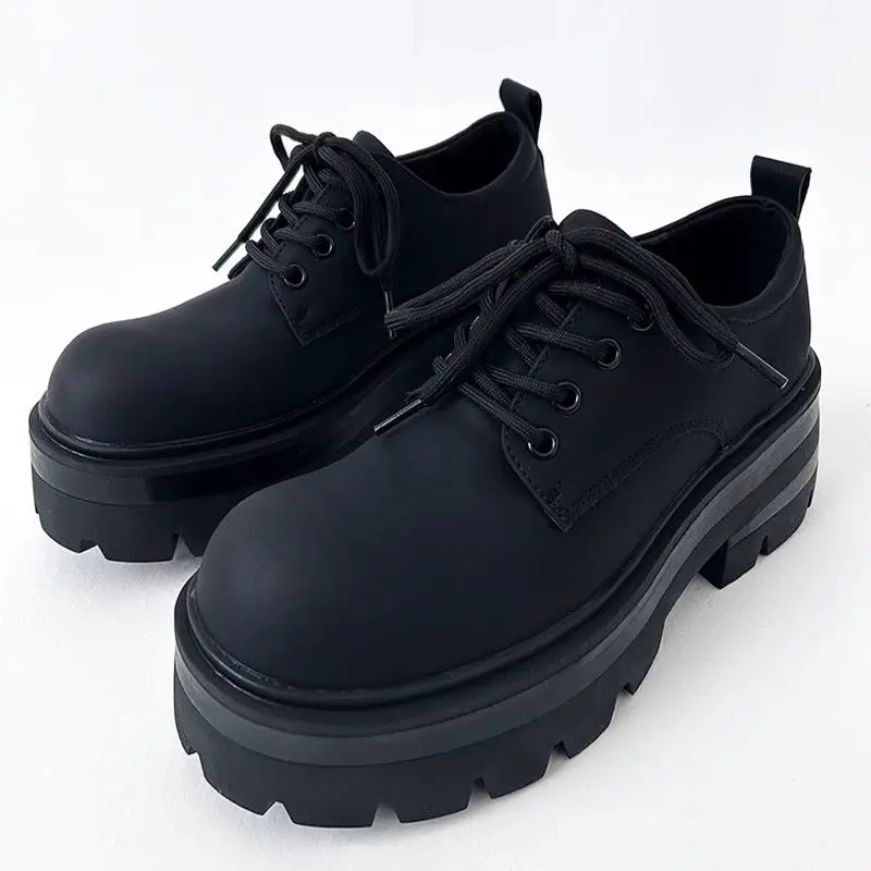 High-Grade 7cm Increased Derby Carbon Black Trendy Men\'s British-Style Thick-Soled Hair Stylist Big Head Leather Shoes