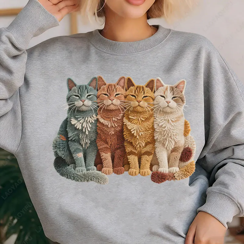 Gancio di chiusura Gatti Filato finto Stampa gatto Pullover Cat Mamma Girocollo Felpa con cappuccio Felpa in tessuto non lavorato Moda divertente Manica lunga