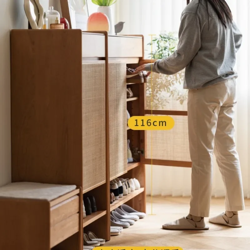 The 2nd generation, solid wood rattan porch cabinet, Japanese retro storage foyer, small apartment