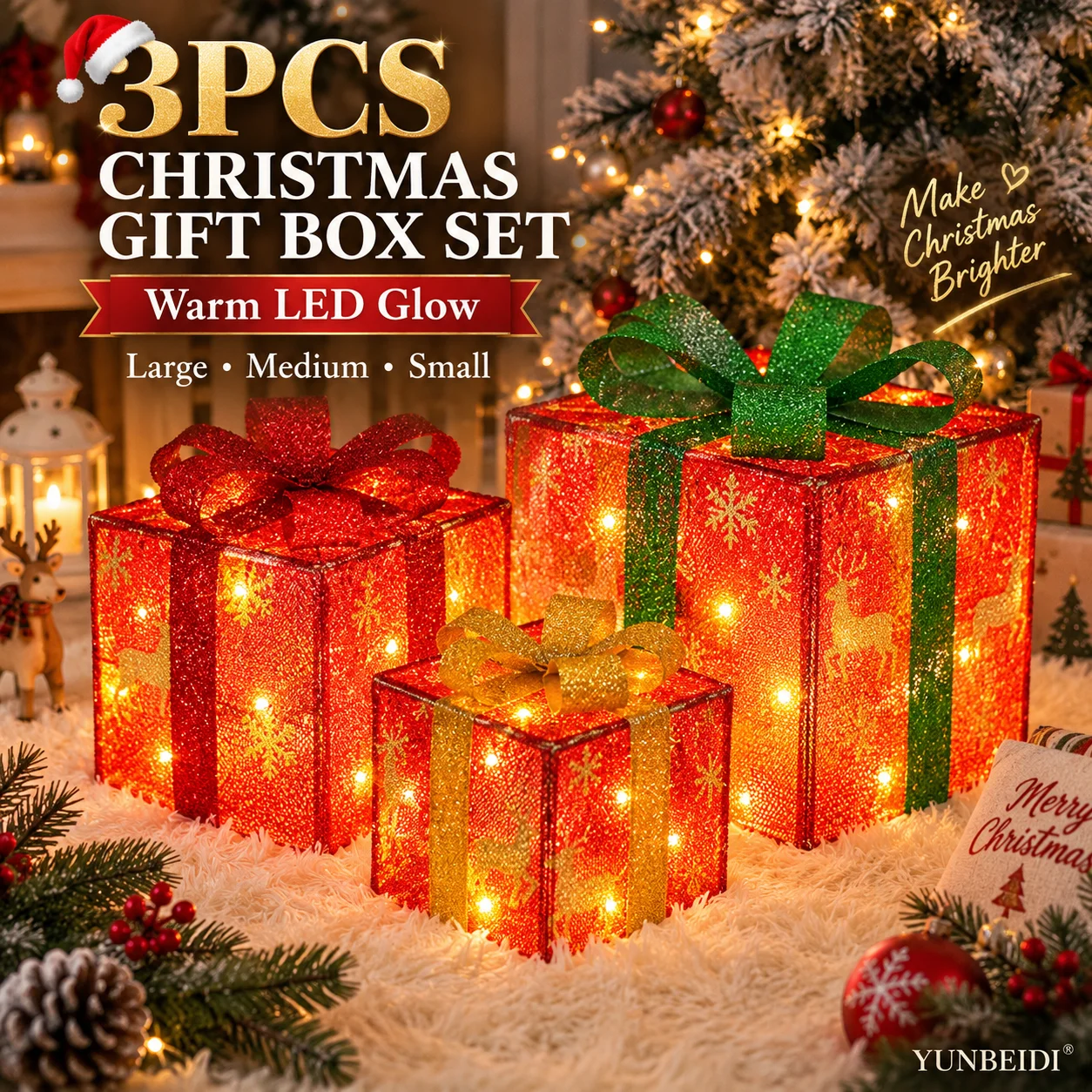 3PCS Christmas Gift Box Ornaments Set Multiple Styles with LED Lights Exquisite Gift Box DIY Home New Year Christmas Scene Decor