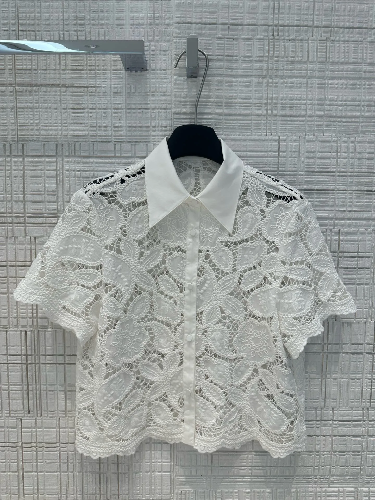 EVACANDIS Women New High Quality Lace White Hollow Out Turn-down Collar Short Sleeve Shirts Solid Sweet Elegant Luxury Blouse