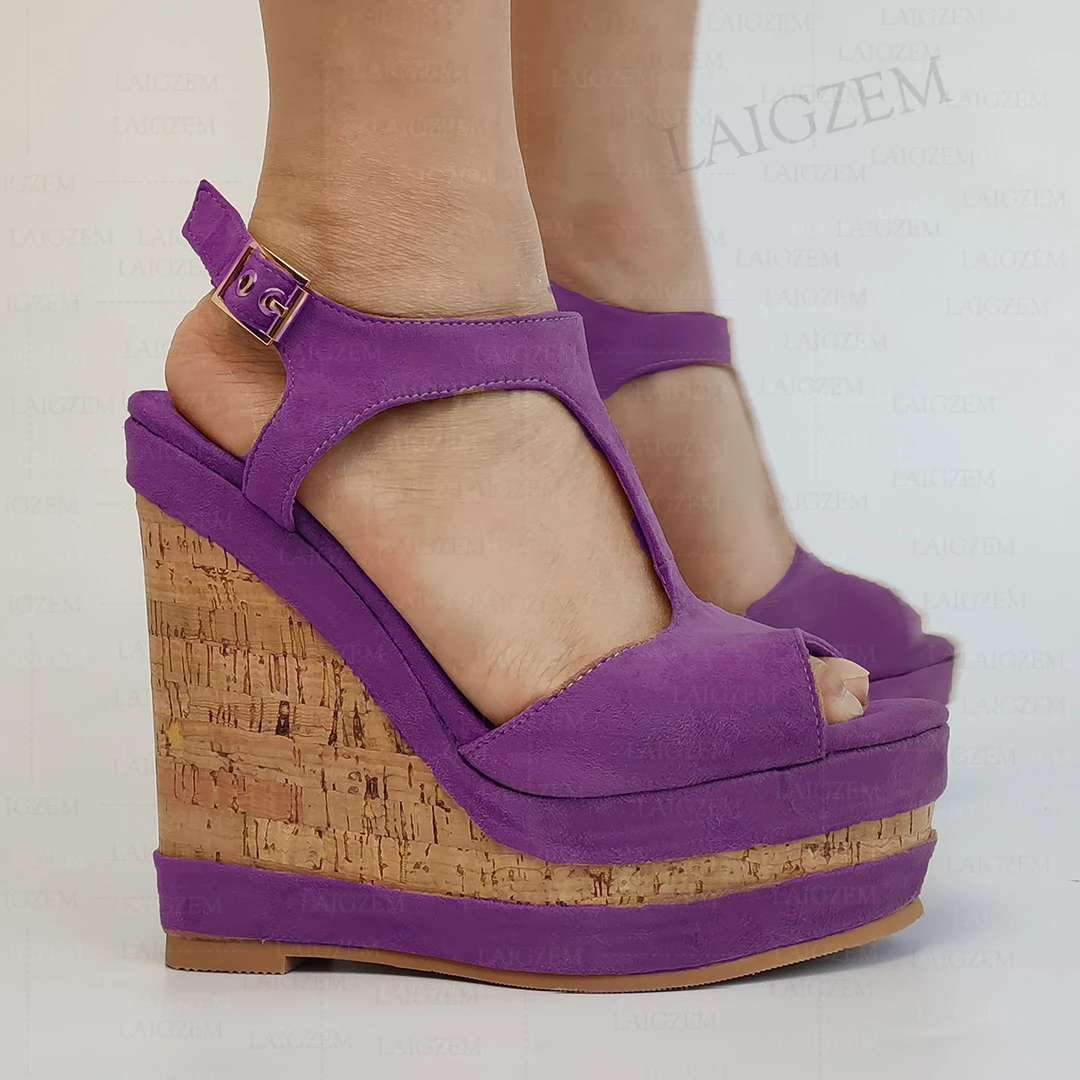 LAIGZEM Women Sandals Faux Suede Platform Peep Toe Wedges Pumps Ankle Strap Height Increasing Shoes Woman Large Size 41 44 50 52