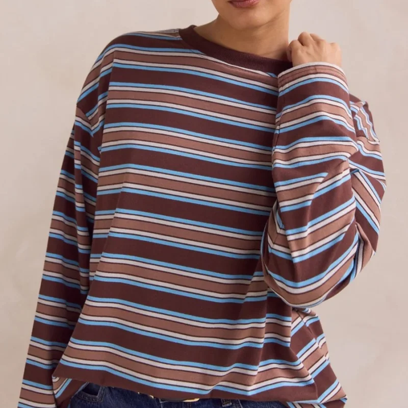 Sudaderas con estampado de rayas a la moda, camisetas clásicas de manga larga, camisas informales para mujer, camisas de otoño de mezcla suave y transpirable