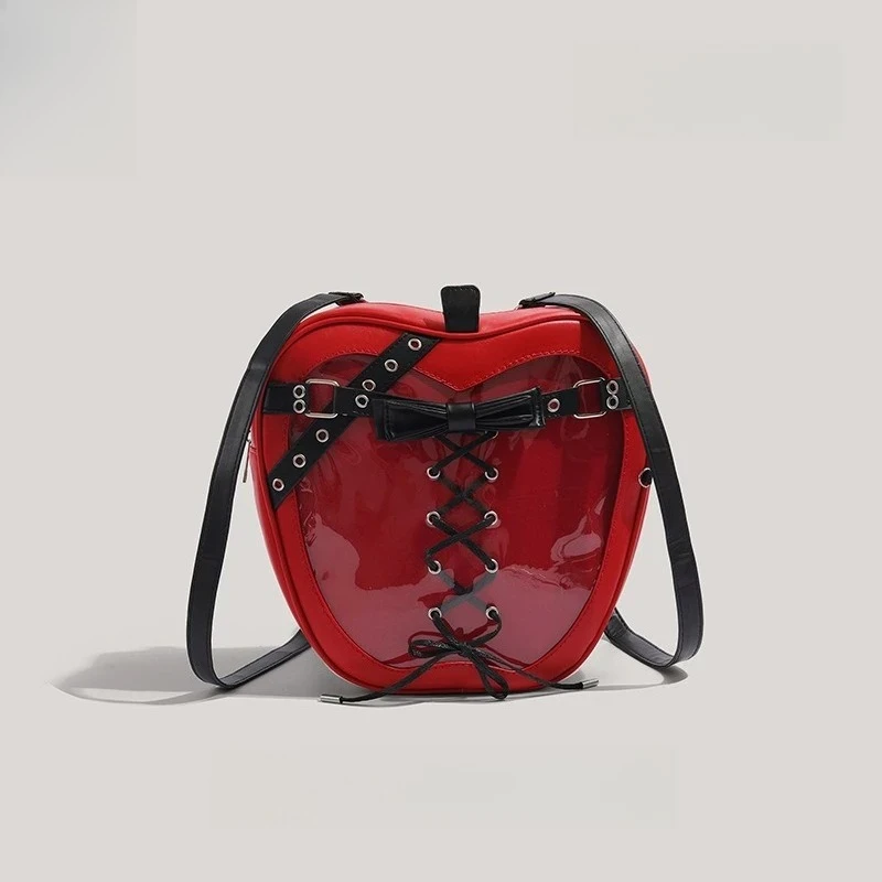Red Apple-Shaped Mini Backpack Corset-Style Lace-Up Transparent Glossy PVC Unique Trendy Niche Fashion Statement Bag