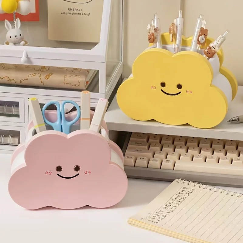 Simpatico volto sorridente Porta pennelli per trucco in resina Supporto per rossetto Organizzatore di strumenti cosmetici Portapenne da scrivania Kawai Portaoggetti per cancelleria