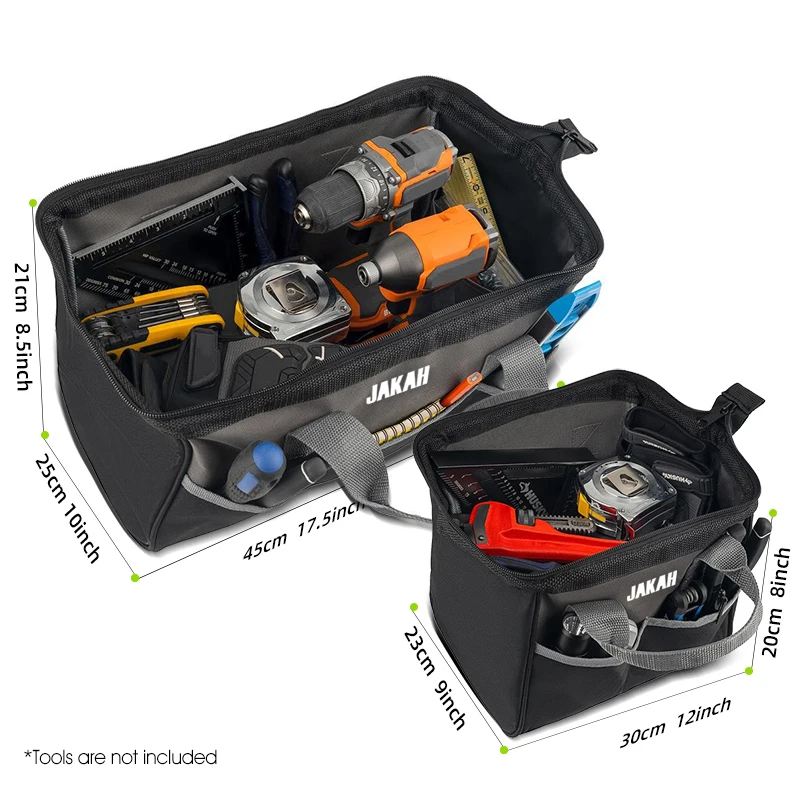 Bolsa de ferramentas longas de 18 polegadas e bolsa de ferramentas de 10 polegadas com bolsos, sacola de ferramentas de boca larga com zíper eletricista carpinteiro JKL-103
