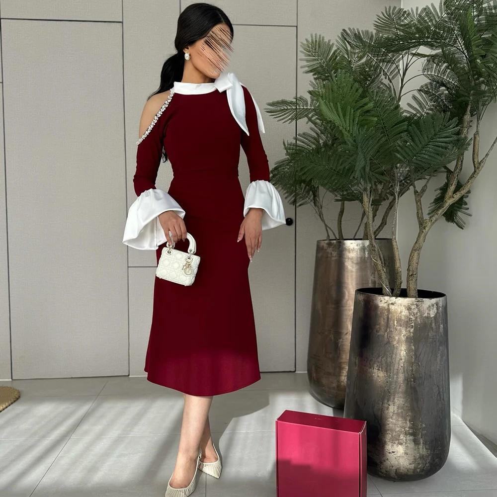 

Customized Burgundy O-neck A-line Jersey Formal Evening Dress With Bow Full Sleeves Party Gown Crystal Tea-Length Prom Dress