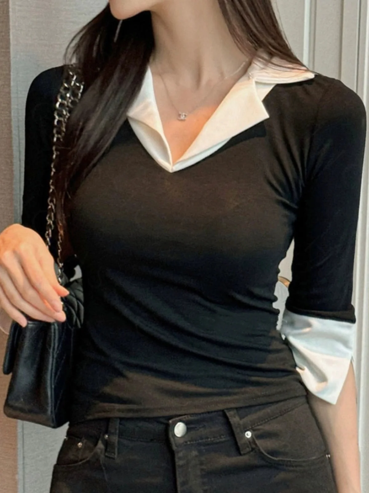 Slim Fit V-ne Seven Sve T-irt Spring New Design Sense Patchwork Faionable Base Irt Top Korean Sle Knitted Cotton...
