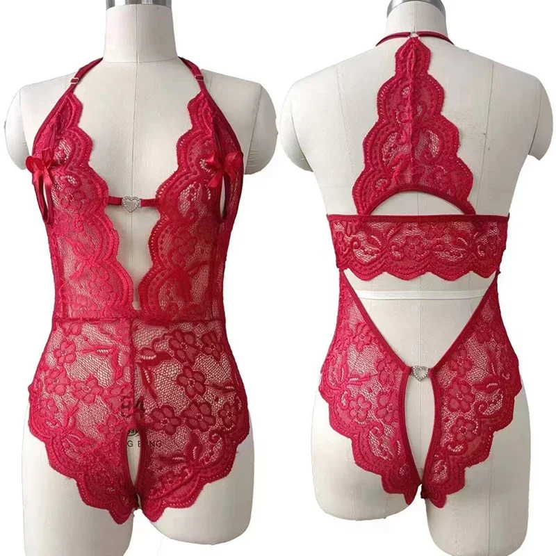 Weinrote erotische Ouvert-Wäsche für Frauen, hohles BH-Set, sexy tiefer V-offener BH, Teddy-Babypuppenkleid, Unterwäsche-Set in Übergröße